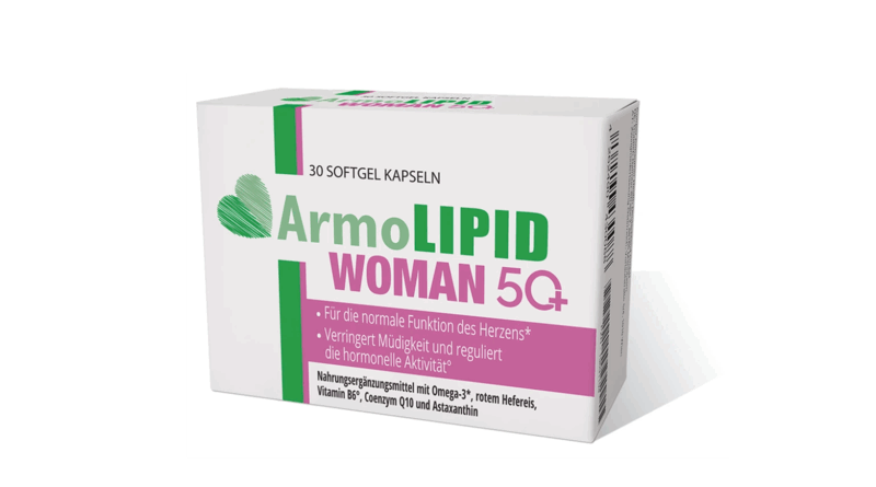 Verpackung mit Softgel-Kapseln ArmoLIPID WOMAN 5Q+, betont Herzfunktion und hormonelle Aktivität.